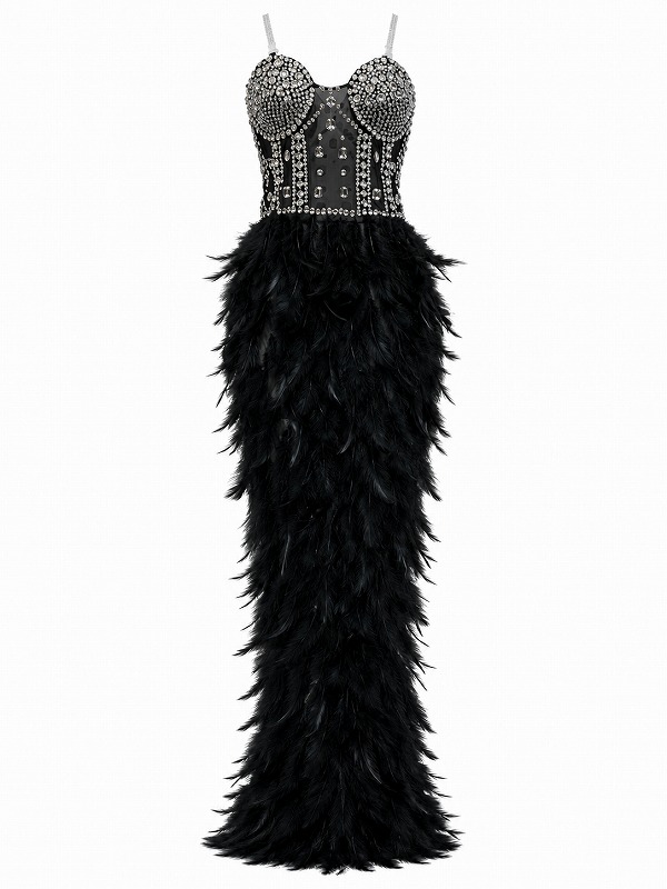 【新品DRESS 2034】クリスタルビジューフェザースカートスリットタイトロングドレス ブラック